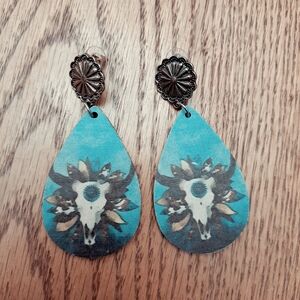 Handmade Dangle Pierced Earrings Buffalo Skull Wood Teardrop Shape